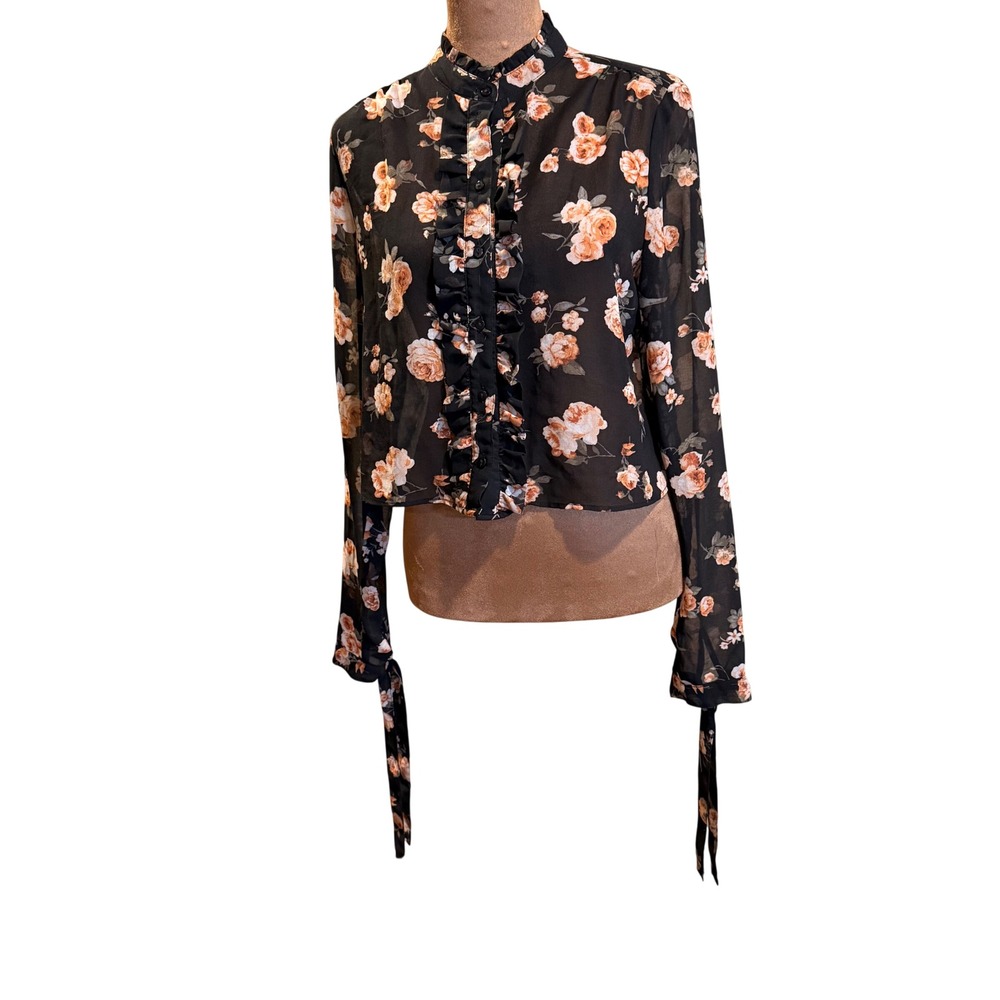 Bleuh Ciel Ruffle Floral Sheer Womens‎ M Black Cropped Mock Neck Romantic Boho